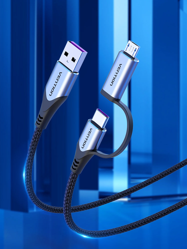 VENTION USB 2.0 A Male to 2-in-1 USB-C & Micro-B Male 5A Cable Grey Aluminum Alloy Type