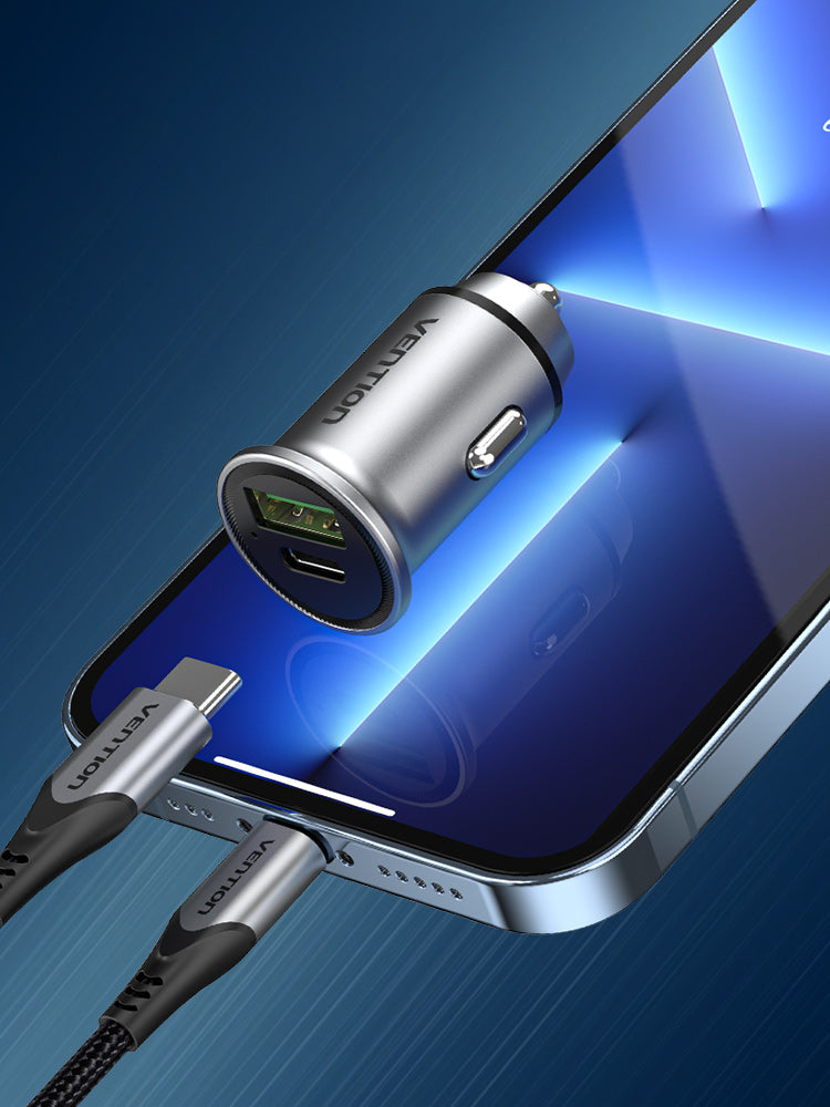 VENTION Two-Port USB A+C(18/20) Car Charger Grey Mini Style Aluminium Alloy Type
