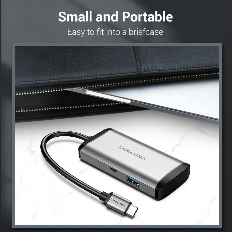 VENTION Type-C to USB3.0*4/Micro USB Hub 0.15m Grey Metal Type