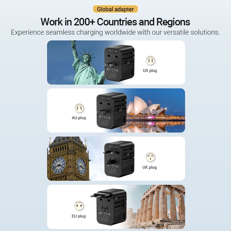 VENTION 3-Port USB (C+C+A) GaN Universal Travel Adapter (65W/65W/30W)