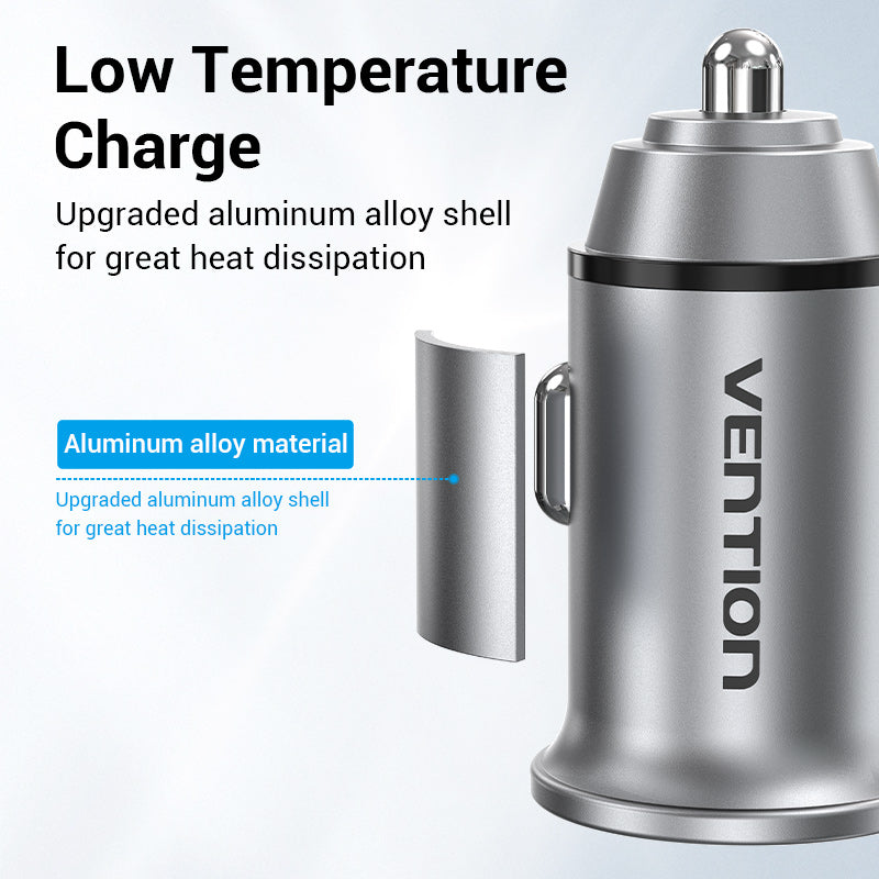 VENTION Two-Port USB A+C(18/20) Car Charger Grey Mini Style Aluminium Alloy Type