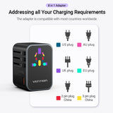 VENTION 3-Port USB (C+C+A) GaN Universal Travel Adapter (65W/65W/30W)
