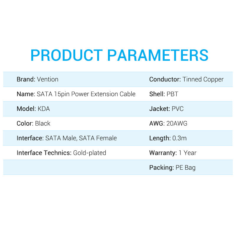 VENTION SATA 15P Power Extension Cable 0.3M Black
