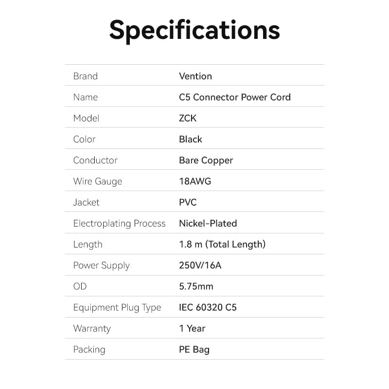 3-Prong Power Cord 1.8M C5 Connector EU Plug - VENTION