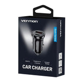 VENTION 30W Two-Port Car Charger (USB-A + USB-C) Black ABS Type