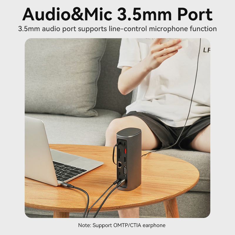 VENTION USB-C to HDMI/VGA/USB 3.1 Gen 2/USB 3.1 Gen 2-C/USB 3.0x2/RJ45/SD/TF/TRRS 3.5mm/PD/DC Docking Station Grey Vertical Aluminum Alloy Type UK Standard