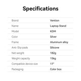 VENTION Foldable Laptop Stand Silver Aluminum Alloy Type