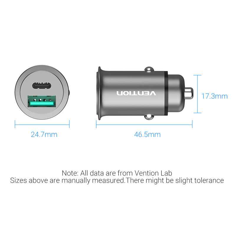 VENTION 25W Dual USB Car Charger (PD3.0+QC3.0) Gray Mini Style Aluminium Alloy Type