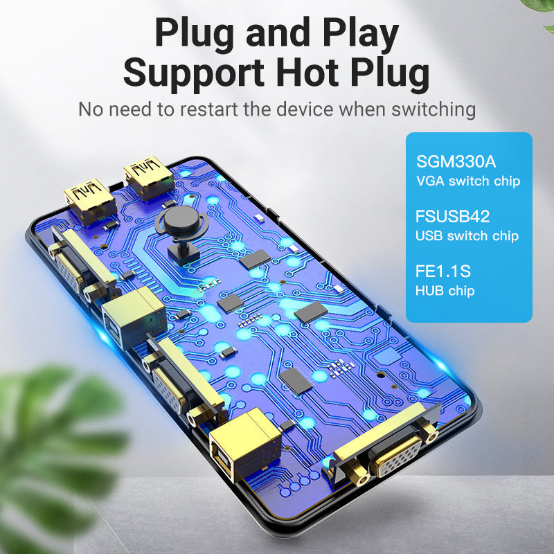 VENTION 2 in 1 Out VGA KVM Switch Black Metal Type