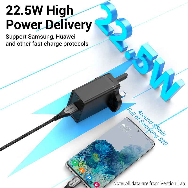 VENTION 1-port USB Wall Charger(22.5W) UK-Plug Black