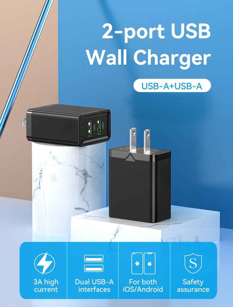 VENTION Two-Port USB(A+A) Wall Charger (18W/18W) US-Plug Black