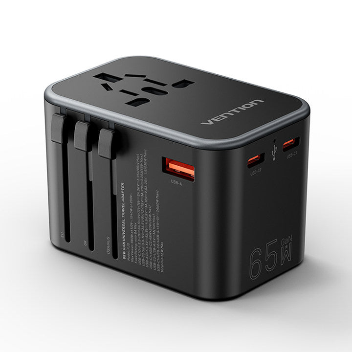 VENTION 3-Port USB (C+C+A) GaN Universal Travel Adapter (65W/65W/30W)