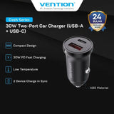 VENTION 30W Two-Port Car Charger (USB-A + USB-C) Black ABS Type