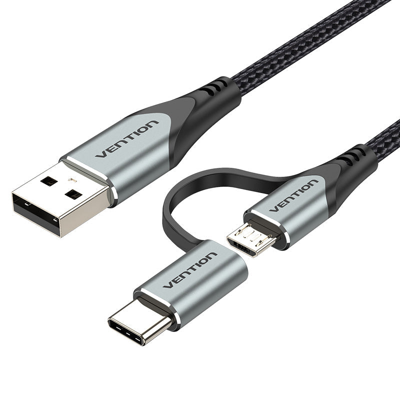 VENTION USB 2.0 A Male to 2-in-1 Micro-B&USB-C Male Cable 0.5M Grey Aluminum Alloy Type