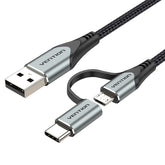VENTION USB 2.0 A Male to 2-in-1 Micro-B&USB-C Male Cable 0.5M Grey Aluminum Alloy Type