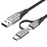 VENTION USB 2.0 A Male to 2-in-1 Micro-B&USB-C Male Cable 0.5M Grey Aluminum Alloy Type