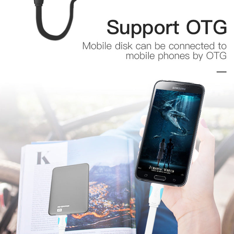 VENTION USB 3.0 Micro B cable connecting a mobile disk to a smartphone for OTG support