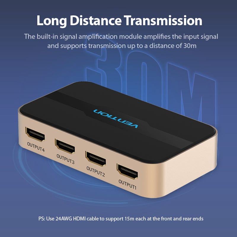 VENTION 1 In 4 Out HDMI Splitter 4K@30Hz Gold Aluminum Alloy Type EU Standard