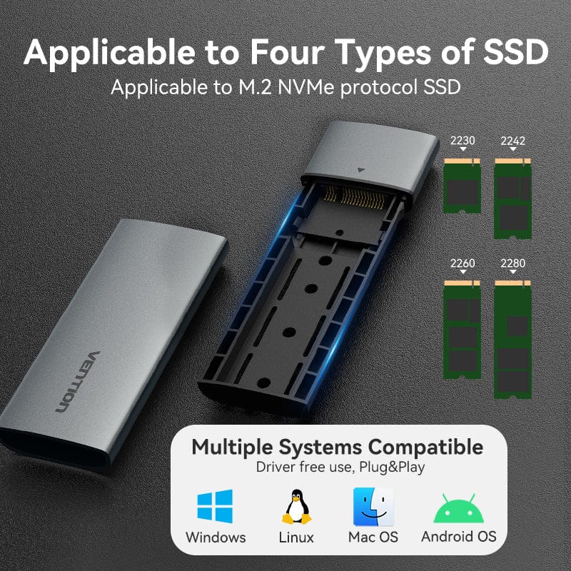 VENTION M.2 NVMe SSD Enclosure (USB 3.1 Gen 2-C) Gray Aluminum Alloy Type