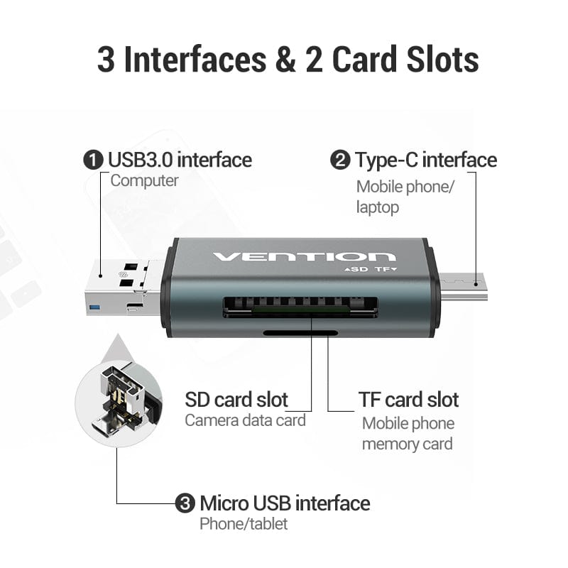 VENTION USB3.0 Multi-function Card Reader Gray Metal Type