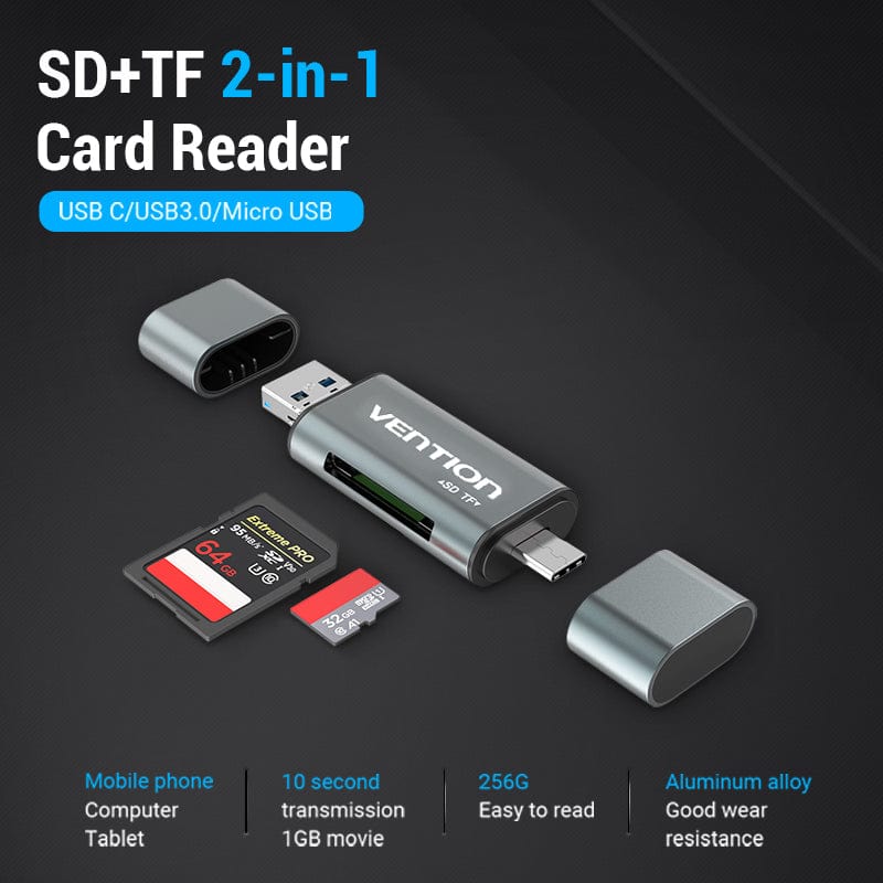VENTION USB3.0 Multi-function Card Reader Gray Metal Type