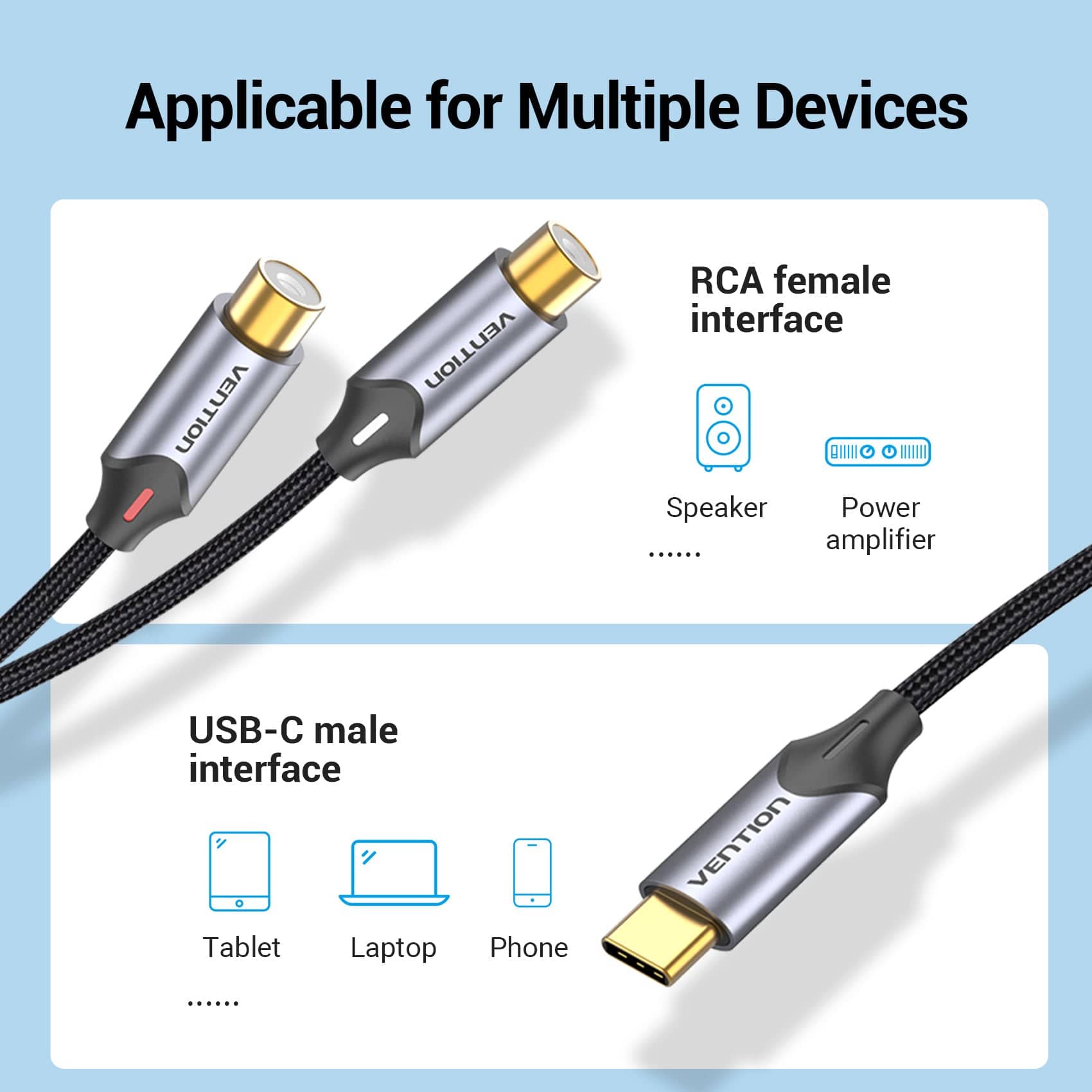 VENTION USB C to RCA Audio Cable Type C Male to 2 RCA Female for Huawei Xiaomi Laptop Speaker Amplifier USB-C RCA Y Splitter