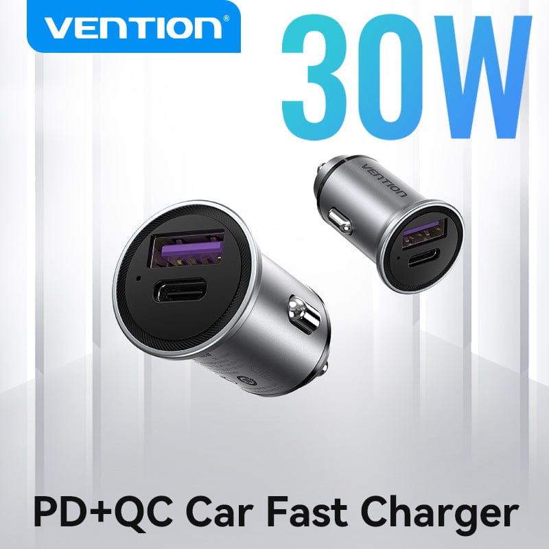 VENTION Two-Port USB A+C (30+30) Car Charger Grey Mini Style Aluminum Alloy Type