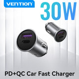VENTION Two-Port USB A+C (30+30) Car Charger Grey Mini Style Aluminum Alloy Type