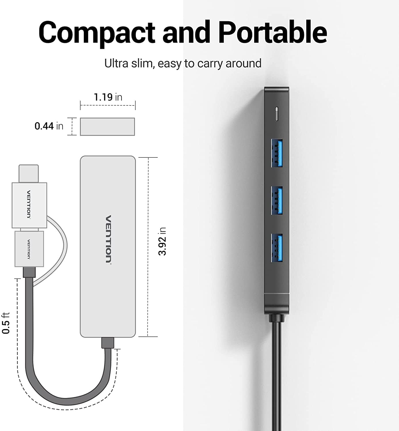 VENTION 0.15m USB3.0 & Type-C 2-in-1 Interface to 4-Port USB 3.0 Hub