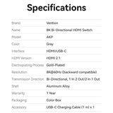 VENTION 2-Port Bi-Directional 8K HDMI Switcher Gray Aluminium Alloy Type