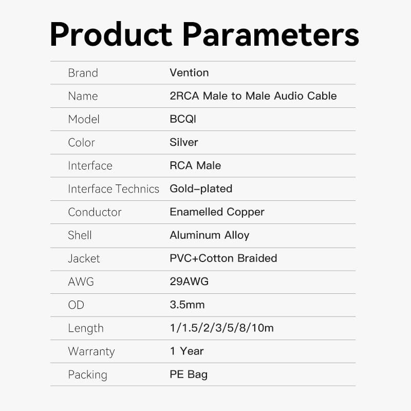Vention 2RCA male to male cable in silver with gold-plated connectors and braided PVC jacket