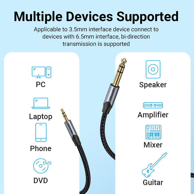 Vention 3.5mm to 6.5mm audio cable connects multiple devices like PC, phone, and speakers
