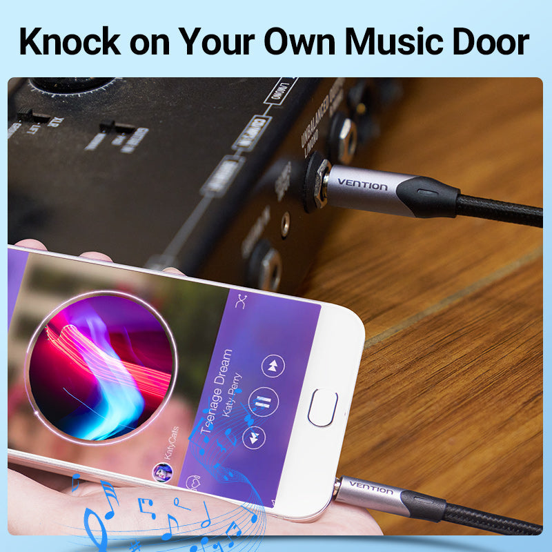 VENTION 3.5mm to 6.5mm audio cable connecting a phone to an audio mixer for high-quality sound