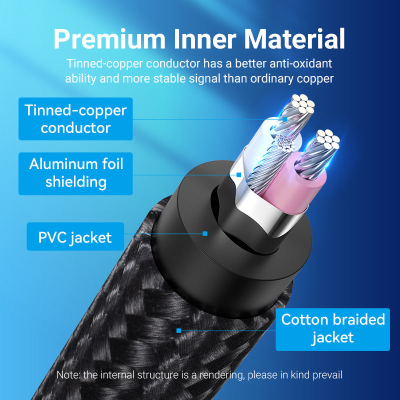 Vention 3.5mm to 6.5mm audio cable with tinned-copper conductor and cotton braided jacket for durability