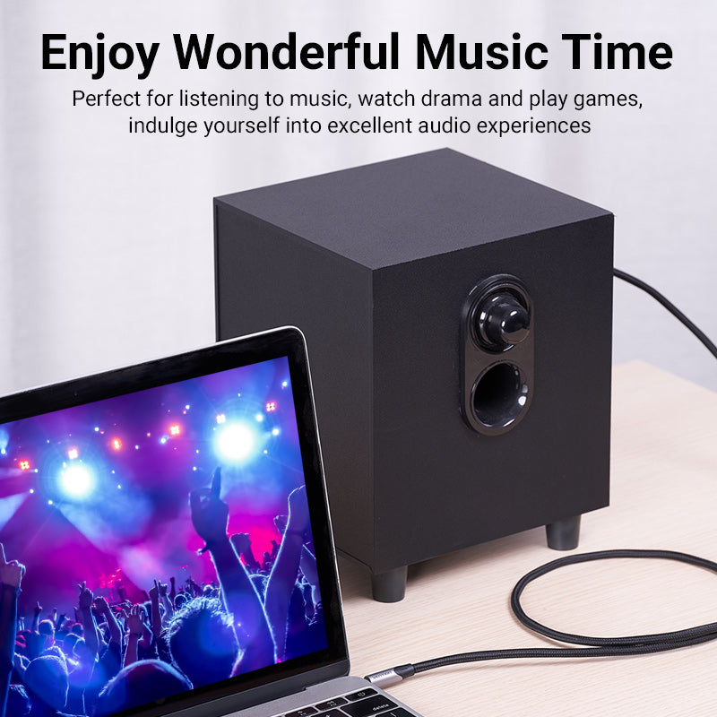 Vention 3.5mm to 6.5mm audio cable connecting laptop to speaker for superior audio enjoyment
