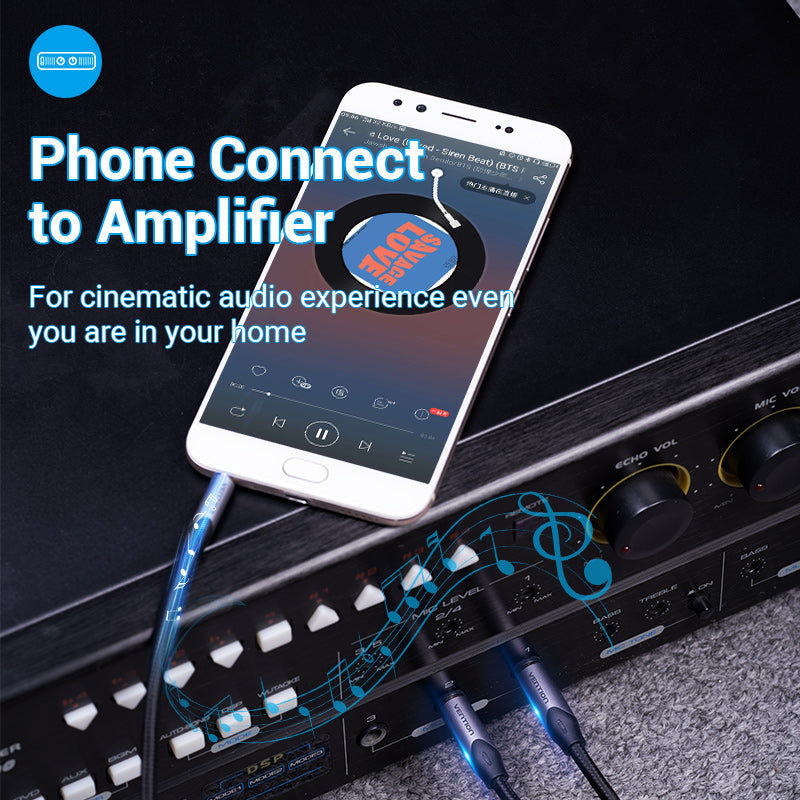 VENTION 3.5mm to Dual 6.5mm Audio Cable connecting a smartphone to an amplifier for enhanced sound quality