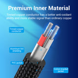 Close-up of VENTION 3.5mm to Dual 6.5mm Audio Cable showcasing tinned-copper conductors and cotton braided jacket