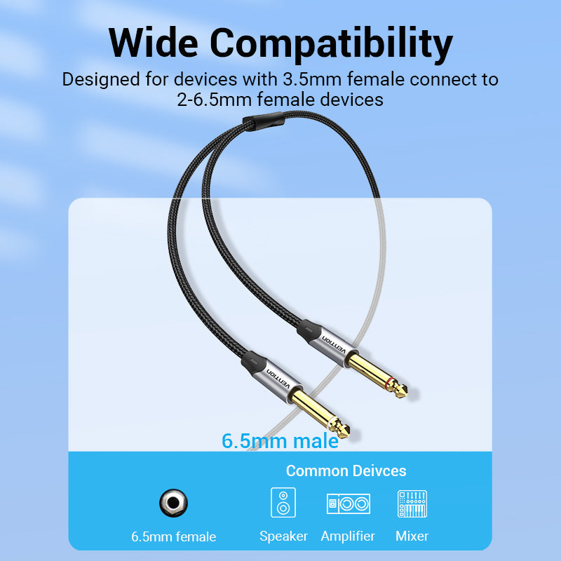 VENTION 3.5mm to Dual 6.5mm Audio Cable with Wide Compatibility for Speakers and Amplifiers