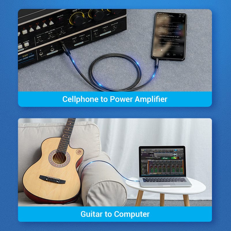 Vention 3.5mm to 6.35mm cable connecting a cellphone to a power amplifier and a guitar to a computer