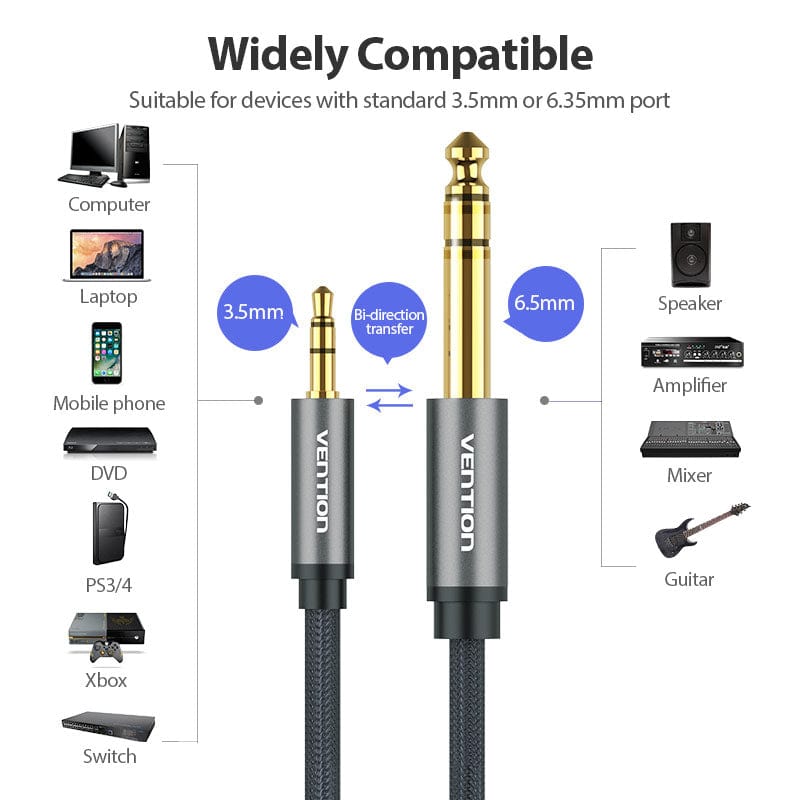 Vention 3.5mm to 6.35mm cable for connecting audio devices like speakers and amplifiers
