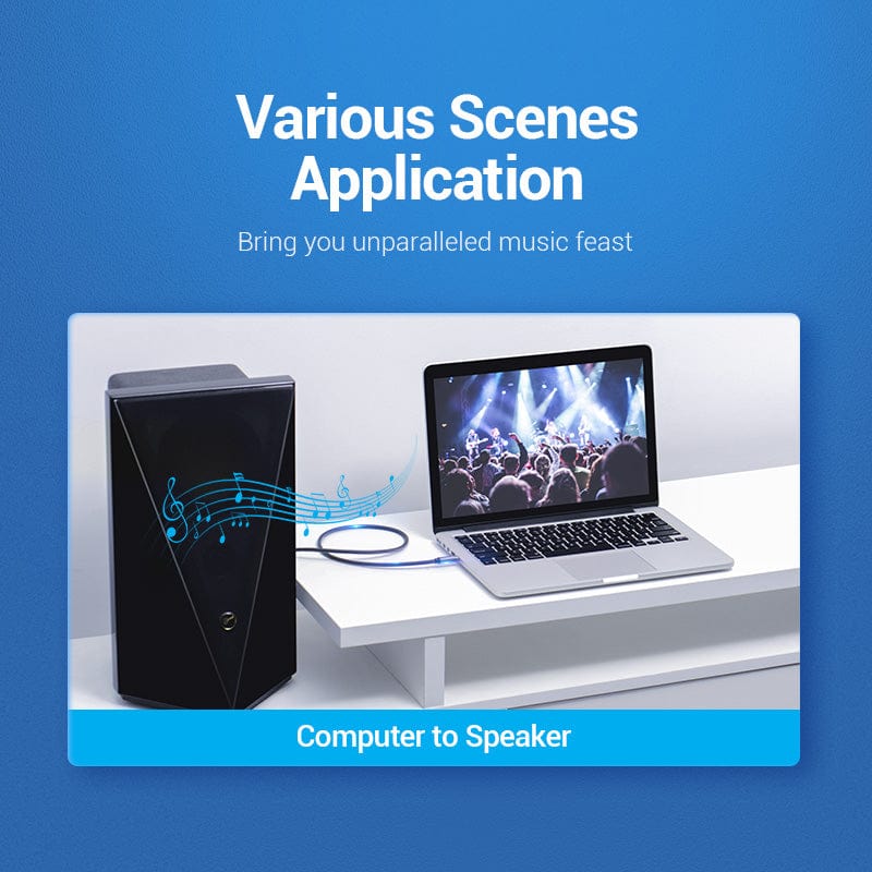 3.5mm to 6.35mm cable connecting a laptop to a speaker for high-quality audio