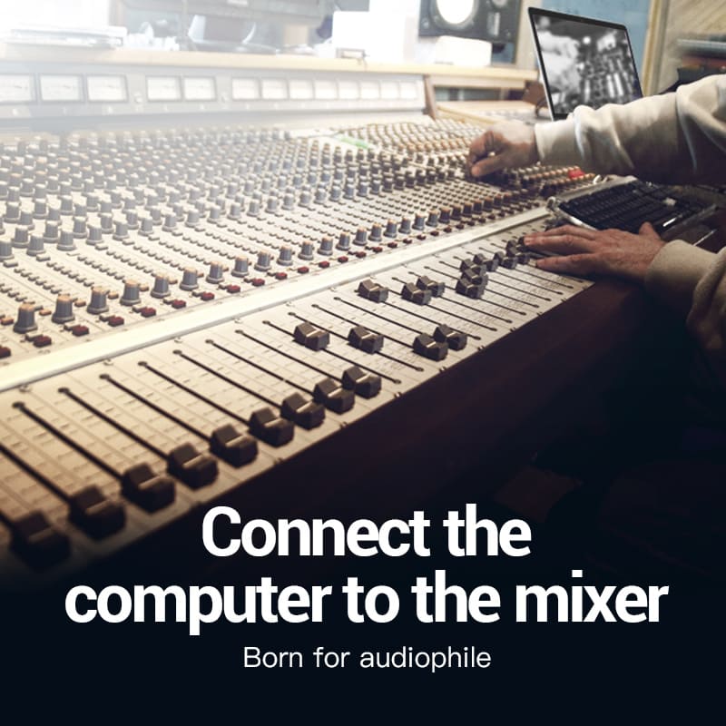 Vention 3.5mm to dual 6.35mm audio cable connecting a computer to an audio mixer for optimal sound quality