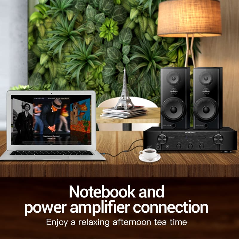Vention 3.5mm to dual 6.35mm audio cable connecting a laptop to a power amplifier for high-quality sound