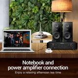 Vention 3.5mm to dual 6.35mm audio cable connecting a laptop to a power amplifier for high-quality sound