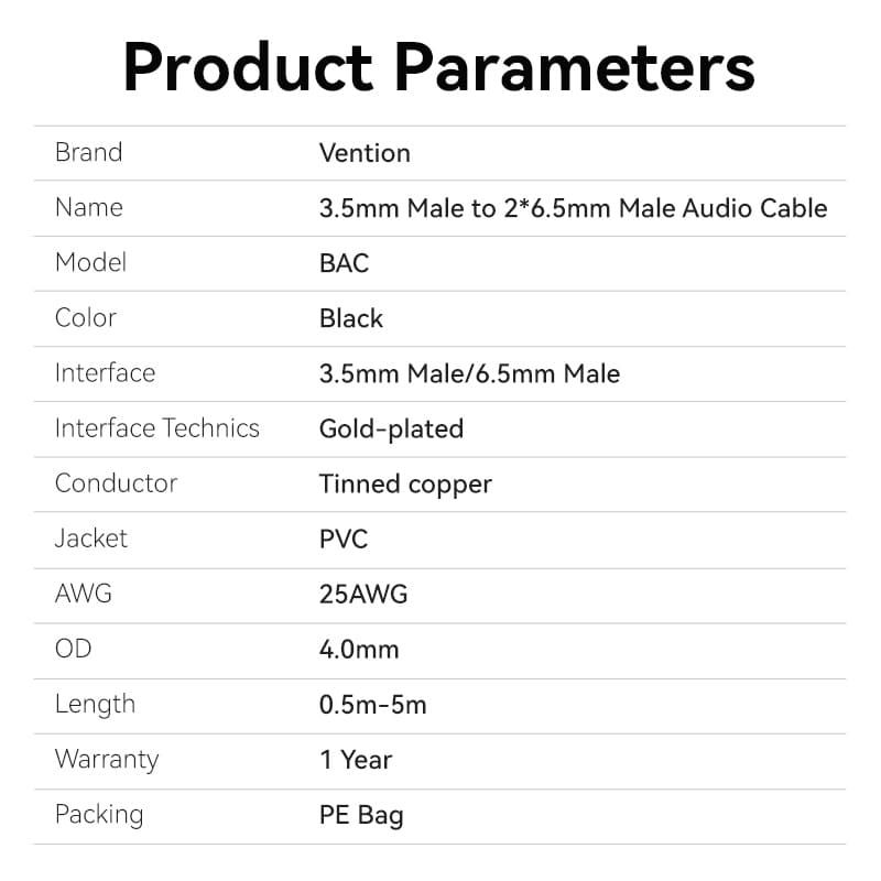 Vention 3.5mm to dual 6.35mm audio cable with gold-plated connectors and PVC jacket for superior sound quality