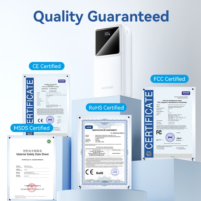 VENTION 30000mAh power bank with multiple safety certification documents displayed around it