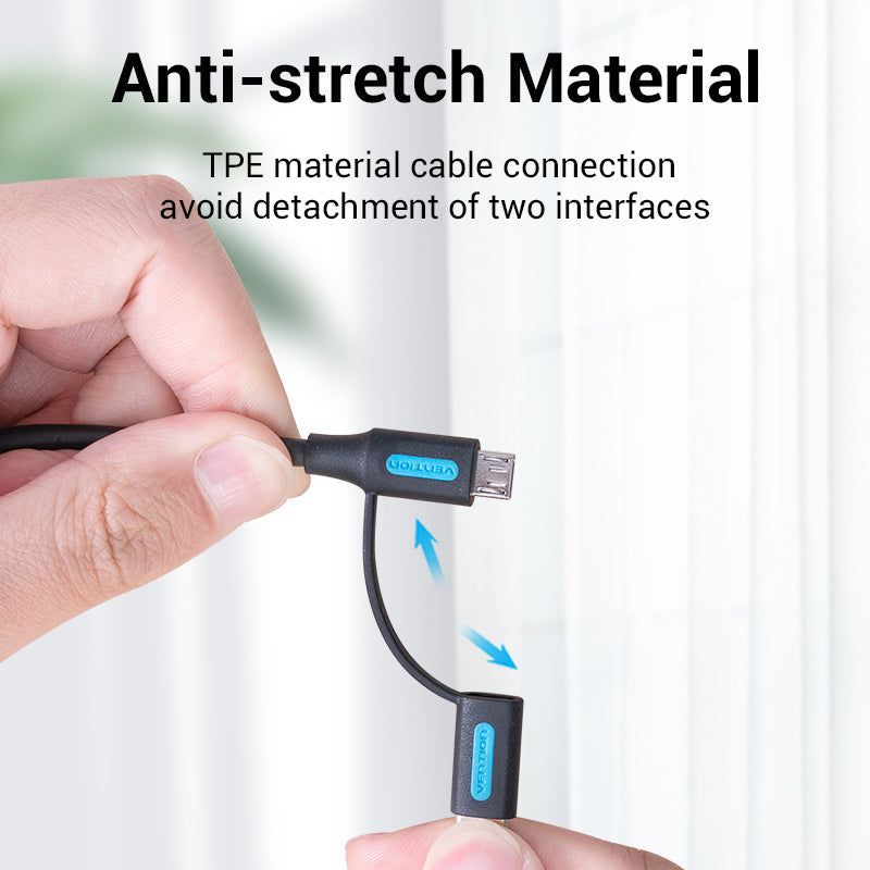 Vention 3A micro-USB and USB-C cable featuring anti-stretch material for enhanced durability