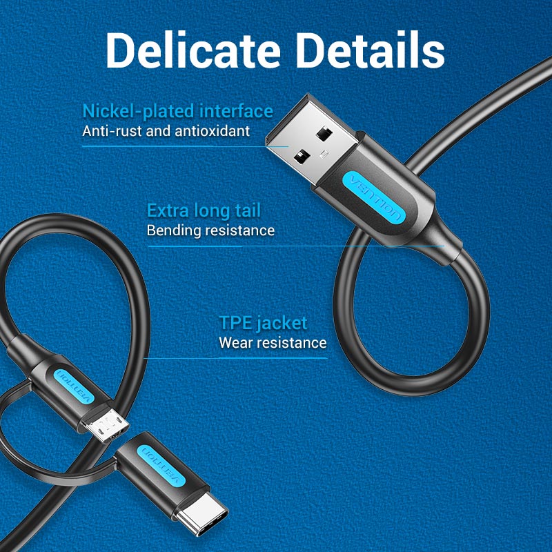 VENTION 3A micro-USB and USB-C cable with nickel-plated interface and TPE jacket for durability