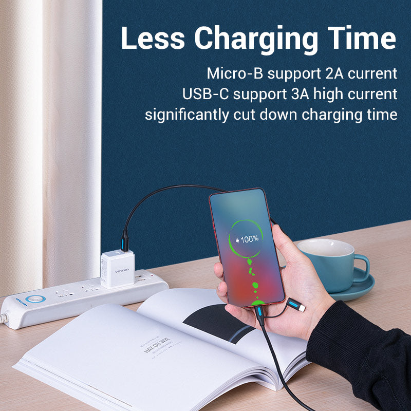 VENTION 3A micro-USB and USB-C cable demonstrating fast charging with a smartphone and power source