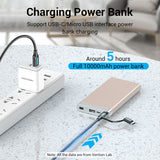 Vention 3A micro-USB and USB-C cable connecting a power bank to a charging station on a table